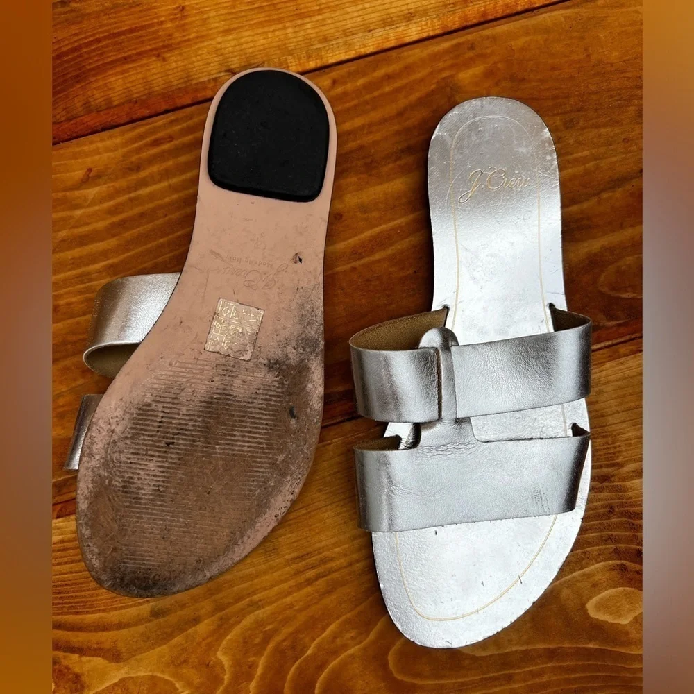 J. Crew Sandal Cyprus Silver Sandals Slides metallic shoes Leather Minimalist